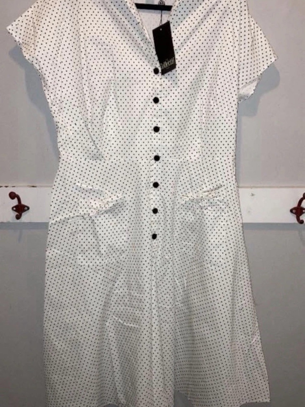 Collectif LIZA Polka Dot Button-Front shawl collar Tetro White Swing Dress sz18